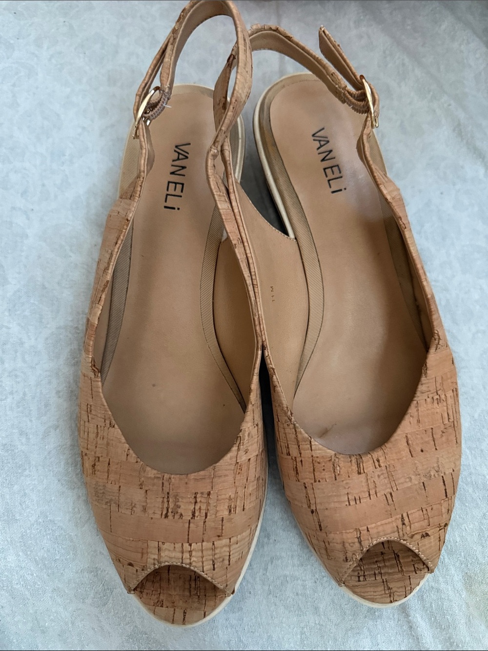 Vaneli Cork-Look Slingback Peep-Toe Wedges - Tan